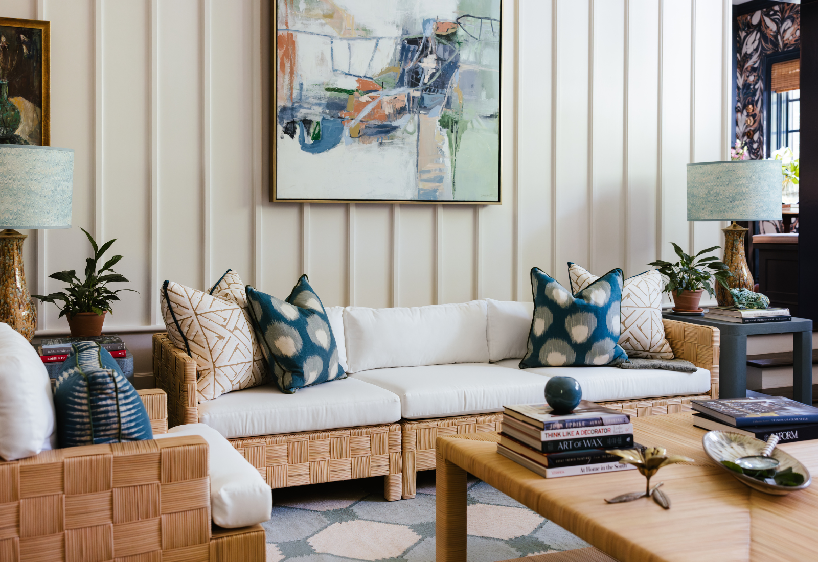 Layered interior featuring woven furniture by Memoire Design